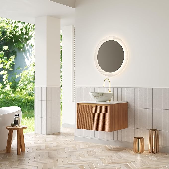 24 Inch Bathroom Vanity with Sink, Floating Fluted Vanity with Vessel Sink, Modern Wall Mounted Bathroom Vanity Cabinet with 2 Doors, Bowl Ceramic Sink & Sintered Stone Top, Oak
