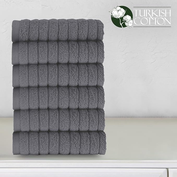 Elegant Comfort 100% Turkish Cotton Corduroy Ribbed Luxury Washcloths 6 Pack Soft 13 x 13 Inch - Higly Absorbent, Durable, Quick Dry, Spa Premium Hotel Quality for Bathroom or Travel, Gray