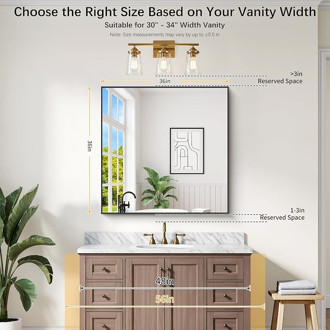 DESBING 36" x 36" Bathroom Mirror, Black Metal Frame Wall Mirror | HD Image,Shatterproof Decorative Square Vanity Mirror for Bedroom Bathroom Living Room Entryway Horizontal or Vertical