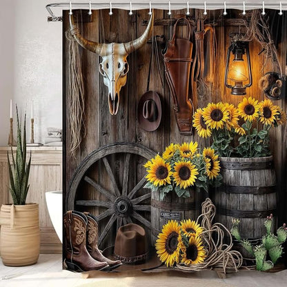 Farmhouse Western Shower Curtain, Rustic Country Cowboy Barn Door Bath Curtain Set, Brown Southwest Cowboys Boots Hat Bull Sunflowers Bathroom Decor Accessories with Hooks 60X70IN
