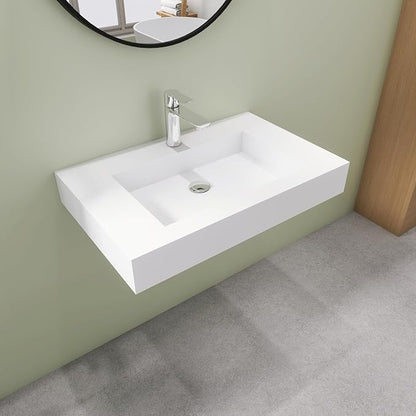 SJ Star&Jane 29" x 19" in Solid Surface Bathroom Sink, Wall-Mount or Countertop Vessel Sink, Rectangle Floating Vanity Sink, Pre-installed Faucet Holes, Durable Modern Design