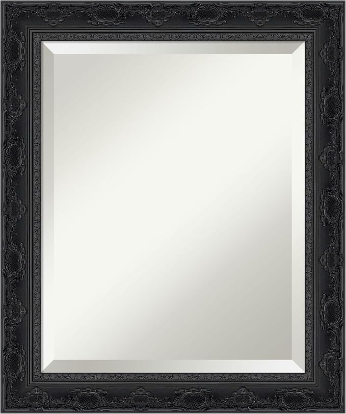 Amanti Art Black Bathroom Mirror for Over Sink, 24x20 Filigree Gloss Black Rectangle Vanity Mirror, Small Traditional Frame, Hangs Horizonally and Vertically, Bathroom Wall Decor, Beveled Edge