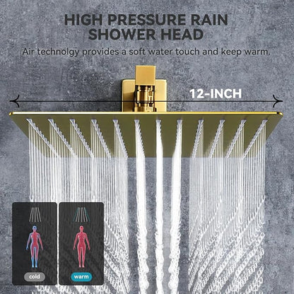 Rain Shower System With Complete 4 Pcs Body Sprays Jets And Pressured Balance Rough-in Valve,12Inch Rainfall Shower Head And Handheld, Modern Brushed Gold Wall Mount Shower Faucets Sets