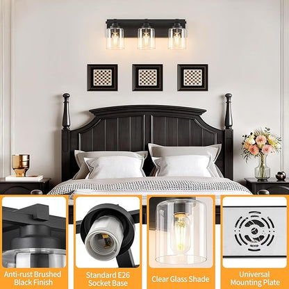 3 Light Modern Bathroom Light Fixtures Over Mirror, Black Vanity Lights for Bathroom Wall Sconces with Clear Glass Shades, E26 Socket (Bulbs Not Included)