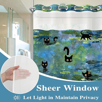 Accnicc Cute Cat No Hook Shower Curtain with Snap in Liner 71×74 Inch | Funny Fun Cool Cats Monet Hookless Shower Curtains, Water lilies Bath Curtain Decor, Waterproof Washable Polyester Fabric