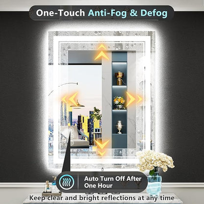 24x36 LED Bathroom Mirror with Lights, Backlit and Front Lit Anti-Fog Lighted Vanity Mirrors for Bathroom Wall, Dimmable, 3-Color Light, Memory, Shatter-Proof, HD Tempered Glass, CRI＞90