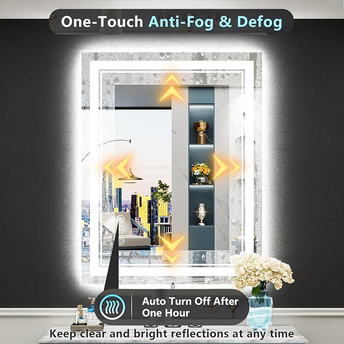 28x32 LED Bathroom Mirror, Backlit & Front Lit Lighted Mirror | Anti-Fog Vanity Mirror with Lights, 3 Color Dimmable, Memory, HD Tempered Glass, CRI95, IP54, UL Listed, Horizontal/Vertical