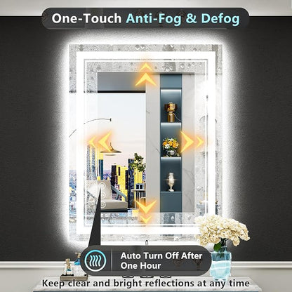 28x32 LED Bathroom Mirror, Backlit & Front Lit Lighted Mirror | Anti-Fog Vanity Mirror with Lights, 3 Color Dimmable, Memory, HD Tempered Glass, CRI95, IP54, UL Listed, Horizontal/Vertical