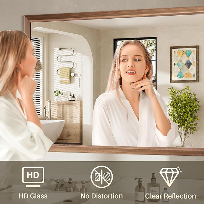 40x36 Inch Bathroom Mirror for Wall, Anti-Rust Walnut Wood Grain Metal Framed Bathroom Mirrors for Over Sink,Rectangler Mirrors for Bathroom Vanity, Farmhouse, Bedroom, Living Room, Entryway Decor