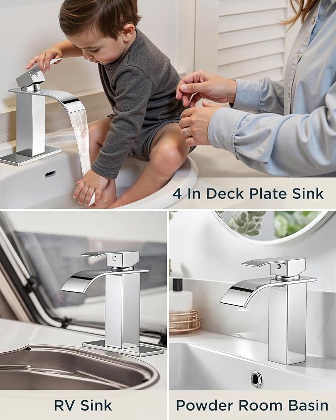 FORIOUS Bathroom Faucet 1 Hole, Waterfall Vanity Sink Faucet Chrome | Bathroom Sink Faucet 1 or 3 Hole, Square Single Handle with 24" cUPC Supply Line and Pop-up Drain, Fits RV Restroom Basin