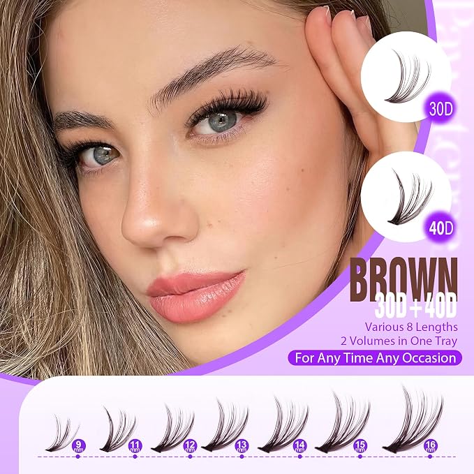 Lash Extension Kit DIY 280pcs Brown Lash Clusters Eyelash Extension Kit 30D 40D 9-16mm Individual Lashes Kit with Lash Bond and Seal Lash Tweezers for Self Use (Brown 30D 40D, 9-16mm, Kit)