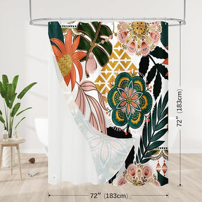 3 in 1 Pink Floral Shower Curtain Set with PEVA Liner & 12 Hooks, 72 x 72 | Boho Tropical Botanical Style, Farmhouse Floral Fabric, Modern Hotel Inspired, Water‑Repellent, Machine Washable