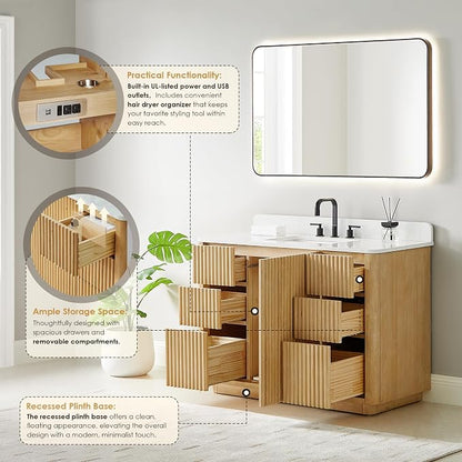 48 Inch Bathroom Vanity with Sink Modern Pedestal Single Vanities with Top | Pre-Assembled, Backsplash Included, Sturdy Solid Wood, Large Storage Cabinet, Soft Closing Doors, Dovetail Drawers