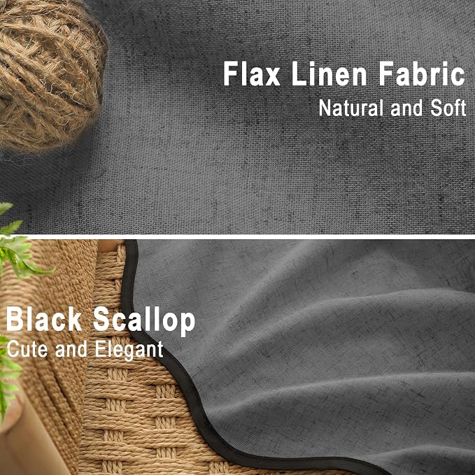 Scalloped Shower Curtain Linen Boho Flax Dark Gray 72" W x 72" L | Linen Fabric, Black Border, Washable, Heavy Duty Cloth, Shower Curtain for Boho Farmhouse Bathroom Bathtub