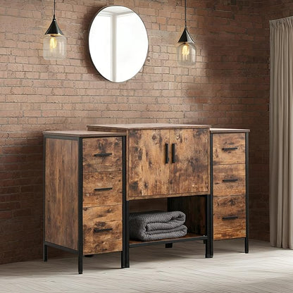 UEV 48" Rustic Brown Bathroom Vanity with Sink Combo,Industrial Iron Frame Bathroom Cabinet Sets with Double 3 Drawers Side Cabinet (only Sink Cabinet Sets)