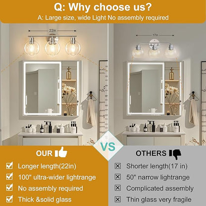 Bathroom Light Fixtures Over Mirror 3-Lights Bathroom Vanity Light with Clear Globe Glass Shade 22 inch Modern Brushed Nickel Vanity Lights Wall Sconce Lighting for Bath