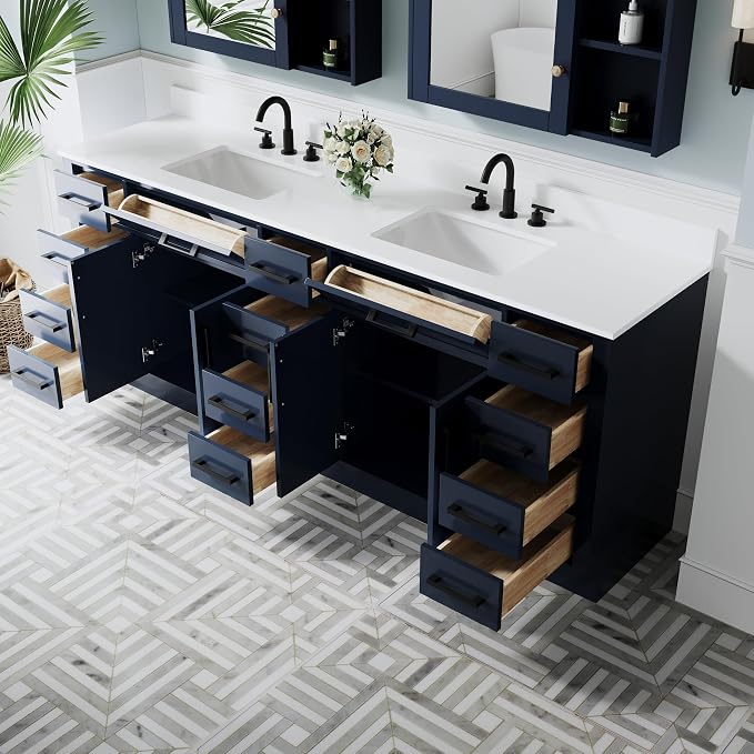 84-Inch Bathroom Vanity with Double Sinks W/ 4 Doors & 12 Drawers & 2 Flip Drawers, Navy Blue Vanity W/Matte Black Handles