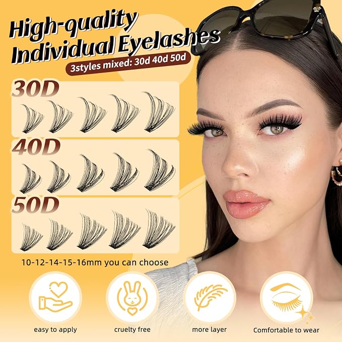 QUEWEL Lash Clusters, Cluster Lashes 30D+40D+50D Eyelash Clusters D Curl | Individual Lashes 10-16mm Cluster Eyelash Extensions Create Kinds of Beauty Look (DH-30D+40D+50D)