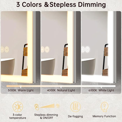 24"x32" Medicine Cabinet Mirror, LED Lighted Medicine Cabinet with Electrical Outlet＆USB, Anti-Fog, 3 Colors Temperature Stepless Dimmable, Aluminum Cabinet for Storage and Mordern Decor