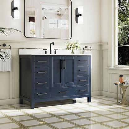 48-Inch Bathroom Vanity with Sink, 2 Soft-Close Doors and 9 Soft-Close Drawers, Bathroom Freestanding Vanity with Cultured Marble Countertop, Bathroom Navy Blue Vanity With Matte Black Handles