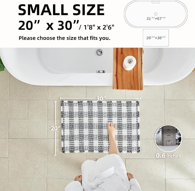 TYUU Waffle Bath Mat, Checkered Bathroom Rugs Non Slip, 30x20 Black & White | Super Absorbent Quick Dry Bath Rug, Non-Slip Backing, Soft Waffle Washable Farmhouse Bathroom Mats, Tub, Shower & Home Decor