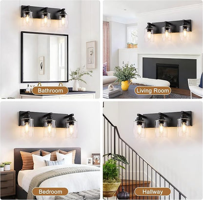 3-Light Matte Black Bathroom Vanity Light, Clear Glass Shade | 18.8" Wall Mount Over Mirror Lighting Fixtures, Durable Metal, Modern Farmhouse Style, for Bathroom, Bedroom, Easy To Install
