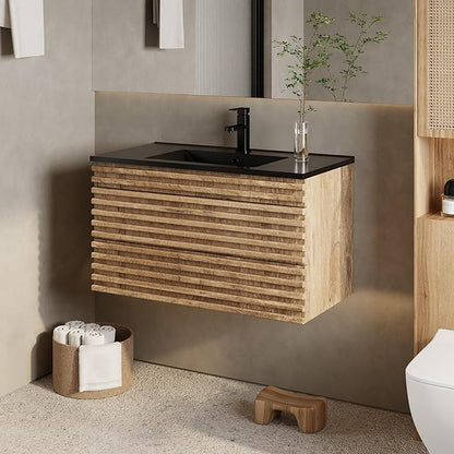 eclife 36" Floating Bathroom Vanity with Sink Combo, Mid-Century Wall Mounted Cabinet with Wood Stripes Decor, Drawers, Undermount Single Black Sink, Faucet, Drain, Light Walnut