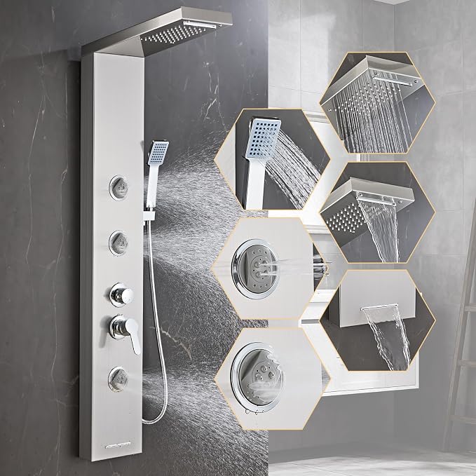 6 in1 Multi-Function Shower Panel Tower System-Brushed Gray | 304 stainless steel Shower Panel Column Tower with Powerful Body Massage, Rainfall, Waterfall,Handheld and Tub Spout