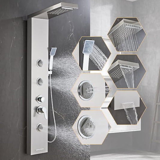 6 in1 Multi-Function Shower Panel Tower System-Brushed Gray | 304 stainless steel Shower Panel Column Tower with Powerful Body Massage, Rainfall, Waterfall,Handheld and Tub Spout