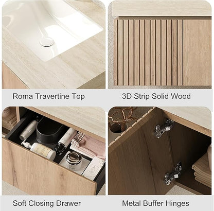 Ambrovina 36 inch Bathroom Vanity with Sink, Wall Mounted Storage Vanities with Drawer and Door, Roma Travertine-Pattern Countertop and Ceramic Basin, Pre-Assembled Cabinet, Light Wooden Color