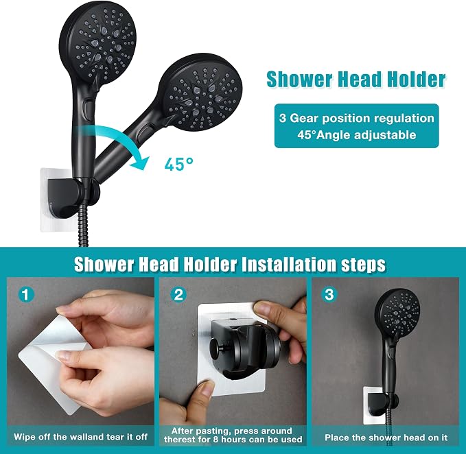 GwernKB Handheld Shower Head with ON OFF Switch & 79in Stainless Steel Hose | Built-in Power Spray,7-Setting High Pressure Spray with Bracket & Extra No Drilling Wall Shower Holder for Lower Mount,Black