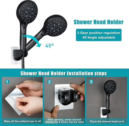 GwernKB Handheld Shower Head with ON OFF Switch & 79in Stainless Steel Hose | Built-in Power Spray,7-Setting High Pressure Spray with Bracket & Extra No Drilling Wall Shower Holder for Lower Mount,Black