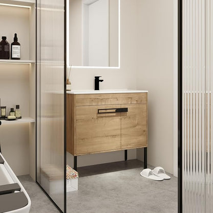 2-in-1 Wall Mounted & Free Standing Bathroom Vanity with Sink Modern 36" Bathroom Vanity with Top Basin&Storage Cabinet Brown Oak Wood Bath Vanity w/Ceramic Sink for Small Space-Legs Removable