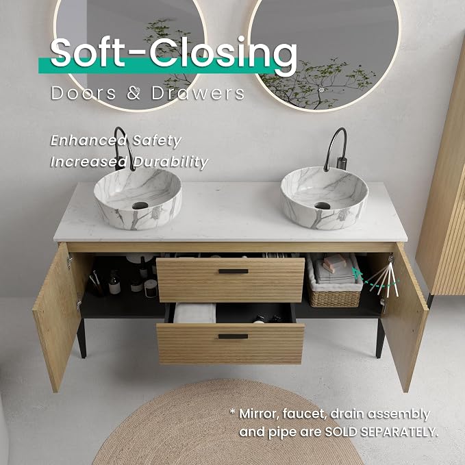 60" Double Bathroom Vanity with Sink Combo, Mid-Century Modern Bath Cabinet with Carrara Marble Finish Sink, 2 Doors & 2 Drawers, Large Storage for Bar, Hotel, Apartment, Natural Oak
