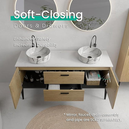 60" Double Bathroom Vanity with Sink Combo, Mid-Century Modern Bath Cabinet with Carrara Marble Finish Sink, 2 Doors & 2 Drawers, Large Storage for Bar, Hotel, Apartment, Natural Oak