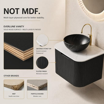 24 Inch Bathroom Vanity with Sink, Floating Wall Mounted Single Sink Vanity for Small Baths, Black Curved Fluted Front, Stone Top, Black Marble Vessel Basin, Pre-Assembled