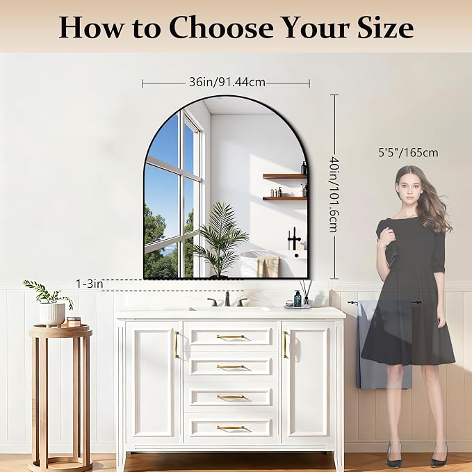 COFENY Black Arch Mirror, 36”x40” Black Mirror for Bathroom, Wide Arched Bathroom Mirror with Metal Frame, Wall Mounted Mirror for Bedroom Living Room Entryway Modern