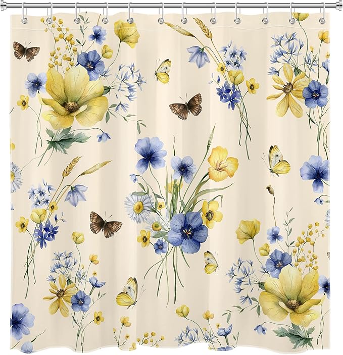 HVEST Wildflower Shower Curtain for Bathroom, Blue and Yellow Floral and Wheat with Butterfly Shower Curtain with Hook, Country Daisy Flower on Beige Shower Curtain Set Bathroom Decor, 72X78 inch