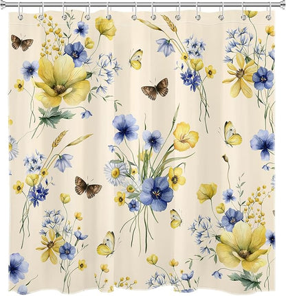 HVEST Wildflower Shower Curtain for Bathroom, Blue and Yellow Floral and Wheat with Butterfly Shower Curtain with Hook, Country Daisy Flower on Beige Shower Curtain Set Bathroom Decor, 72X78 inch