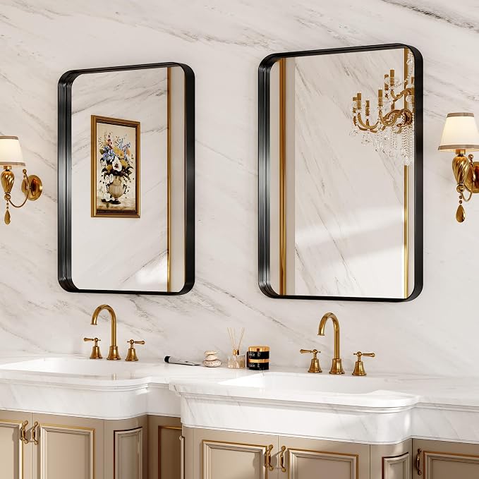 48X32 Inch Metal Black Framed Bathroom Mirror for Wall, Matte Framed Rounded Rectangular Modern Mirrors for Over Sink, Anti-Rust, HD Tempered Glass, Farmhouse, Hangs Horizontally or Vertically