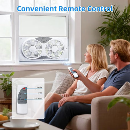BEYOND BREEZE Window Fan Reversible Airflow, 9" Dual Window Fan with 3-Speed 3 Modes (Cool, Circulate, Exhaust), Remote Control Twin Window Fan 23.5" to 37" Adjustable Width for Bedroom, Kitchen, Home