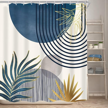 Mid Century Boho Abstract Modern Sun Minimalist Bathroom Shower Curtain Set | 72Wx72L Arch Curve design, waterproof HD print with fast-drying fabric and 12 hooks.