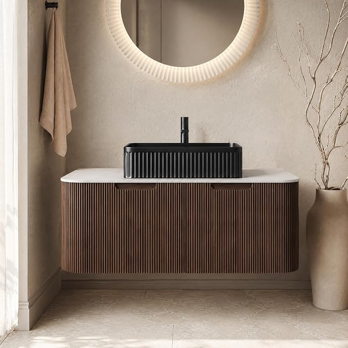 48 Inch Bathroom Vanity with Sink, Floating Wall Mounted Single Sink Vanity, Dark Walnut Curved Fluted Front, Stone Top, Black Textured Rectangular Vessel Basin, Pre-Assembled