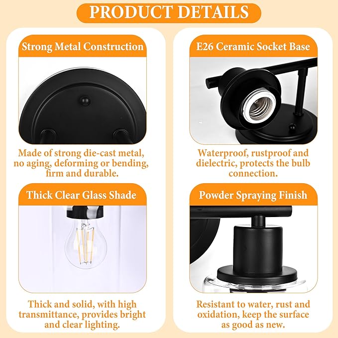 3-Light Black Bathroom Light Fixture Over Mirror, 3-Light Bathroom Vanity Light Over Sink, Black 3 Bulb Wall Light for Mirror