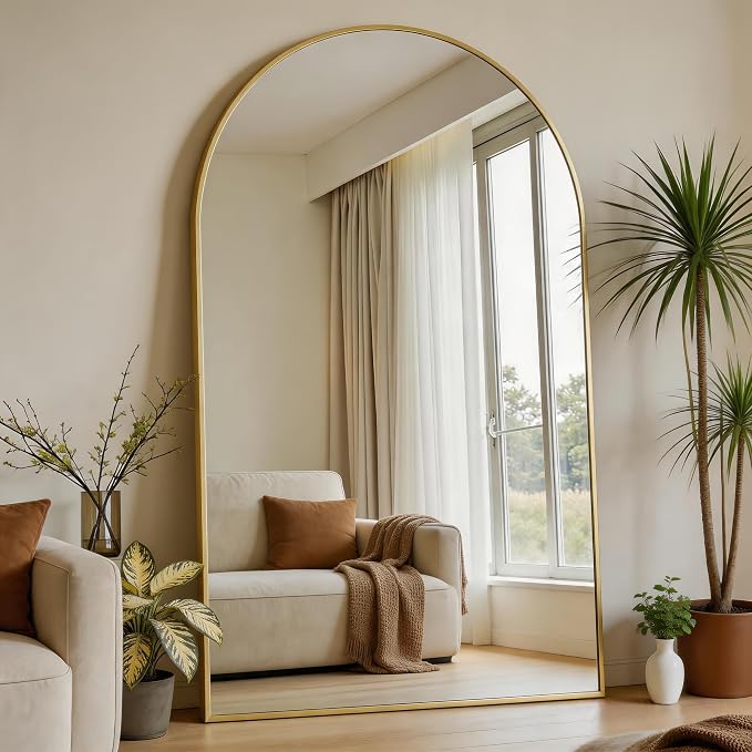 Dewfig Arched Full Length Mirror, 76"x34" Large Floor Mirror, Gold | Aluminum Alloy Frame Full Body Mirror, HD Shatterproof Tempered Glass, Lean/Stand/Wall for Living Room,Bedroom, Dressing Room