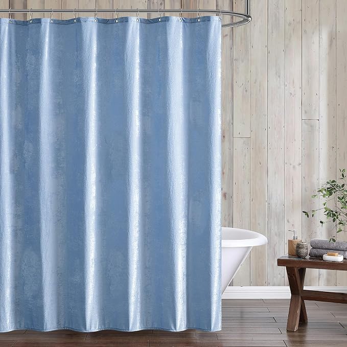 Fredsure Distressed Velvet Shower Curtain Set, 13 Pieces Light Blue Including 1 Piece 72"x72" Shower Curtain and 12 Pieces Silver Hooks
