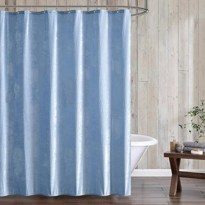Fredsure Distressed Velvet Shower Curtain Set, 13 Pieces Light Blue Including 1 Piece 72"x72" Shower Curtain and 12 Pieces Silver Hooks