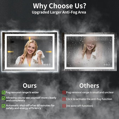26"x38" LED Bathroom Mirror with Lights, Backlit+Frontlit, Anti-Fog | CRI 95, Stepless Dimmable, 3 Colors Lighting, Shatterproof Tempered Glass, HD Reflection, Memory, (Horizontal/Vertical)