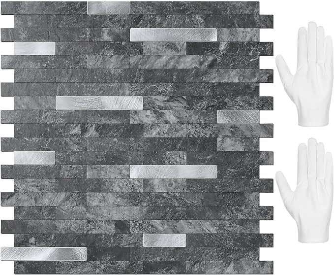 STICKGOO Peel and Stick Backsplash,PVC Wall Tiles Stick on Backsplash for Kitchen(10 Sheets, Black Slate with Metal Silver),(12 inch x 11.7 inch)