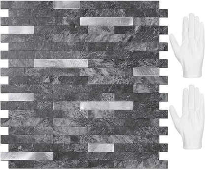 STICKGOO Peel and Stick Backsplash,PVC Wall Tiles Stick on Backsplash for Kitchen(10 Sheets, Black Slate with Metal Silver),(12 inch x 11.7 inch)